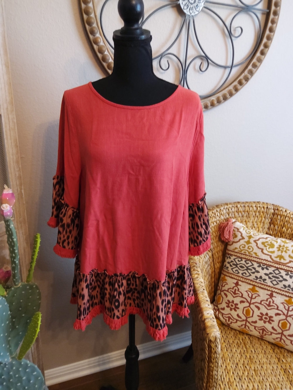 Umgee Coral Tunic with Leopard Ruffle Trim